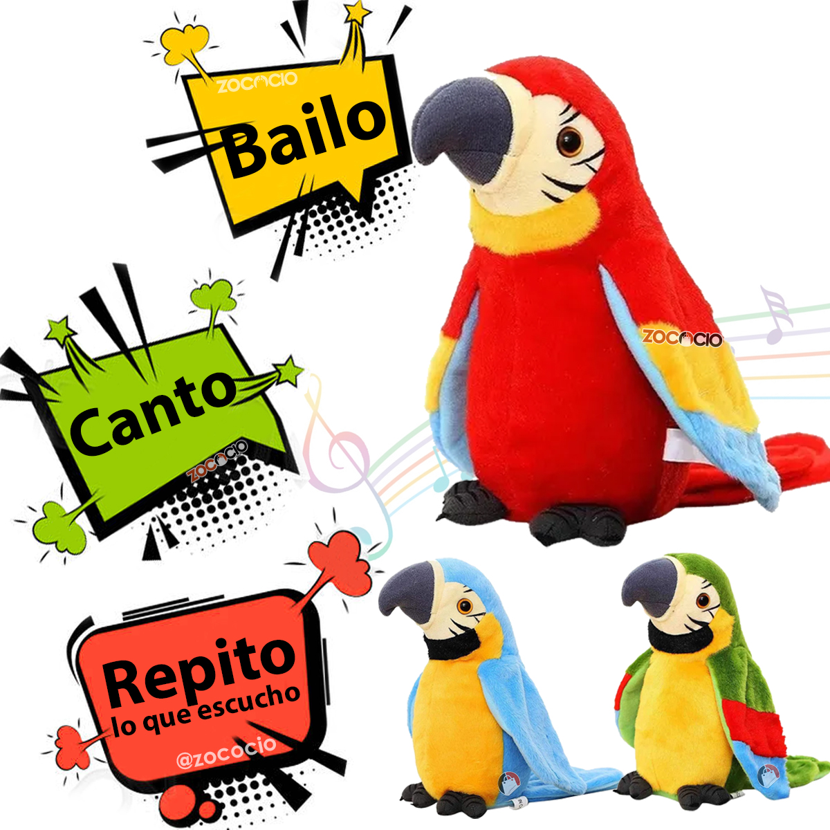 Vista 4 de Loro Bailarín Peluche Parlanchín Repite - COLOR: Cactu